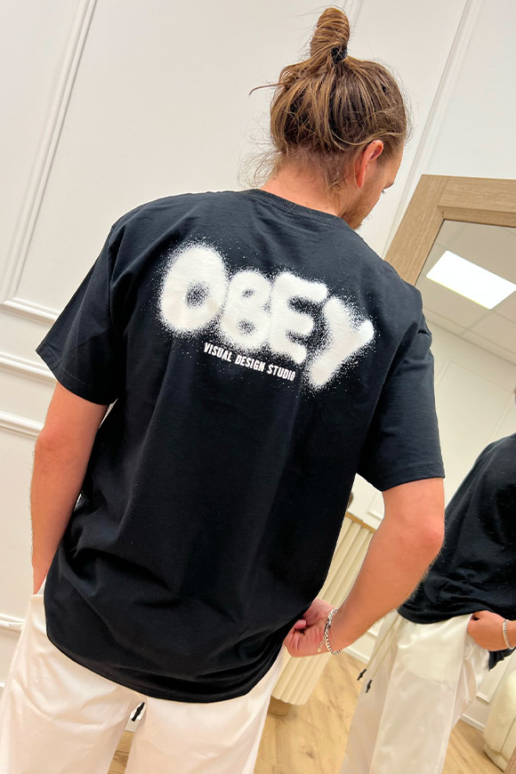 Obey - T shirt nera stampa logo effetto spray bianco