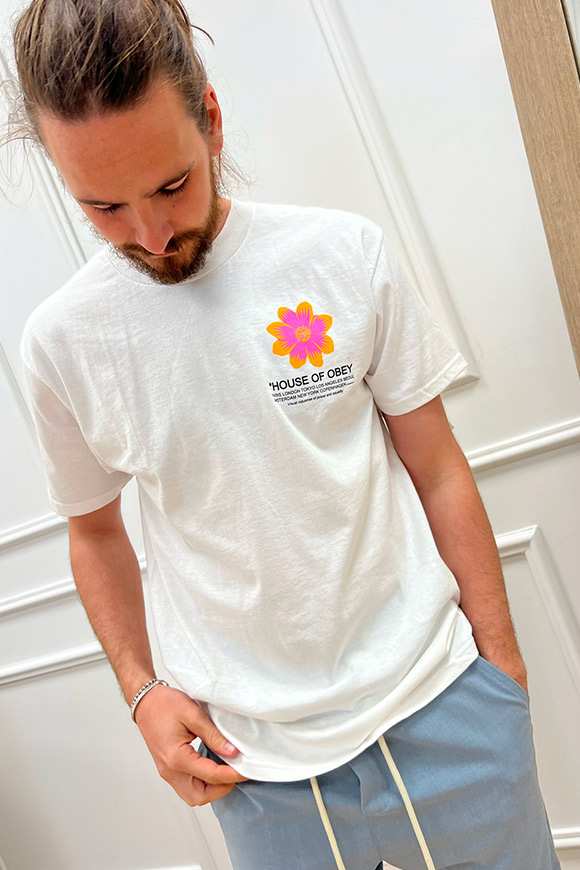 Obey - T shirt bianca stampa flower arancio e fucsia