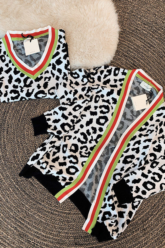 Vicolo - Cardigan leopardato bianco e nero con bande colorate