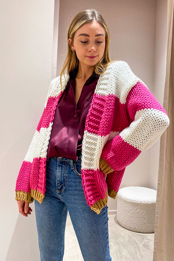 Vicolo - Pink, white and camel striped wool blend cardigan
