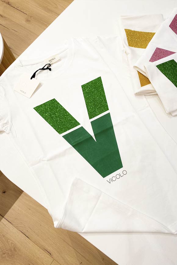 Vicolo - T shirt bianca "V" glitter verde