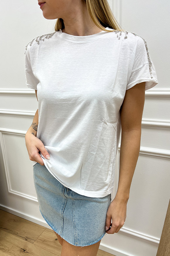 Haveone - T shirt bianca con frangia strass sulle spalle