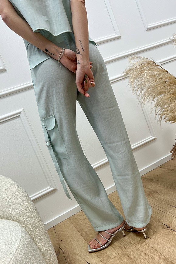 Haveone - Pantaloni menta in misto lino con tasconi