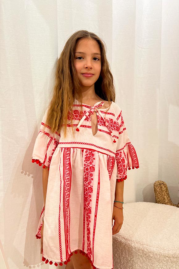 Vicolo Bambina - Vestito fantasia etnica rosso, bianco con nappine
