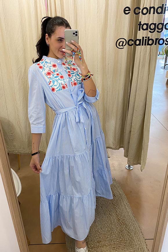 Vicolo - Light blue sticks shirt dress with coral embroidery