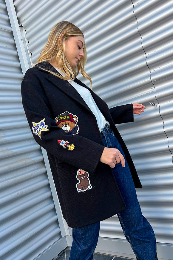 Vicolo - Black coat with fitted teddy patch