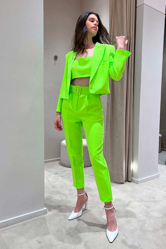 Vicolo - Pantaloni verde neon a sigaretta paper bag con cintura