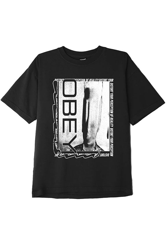 Obey - T shirt nera con stampa davanti e dietro in contrasto bianco