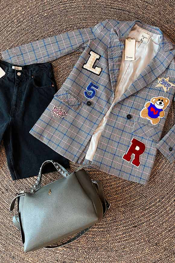 Dixie - Double-breasted houndstooth jacket with teddy bear patch