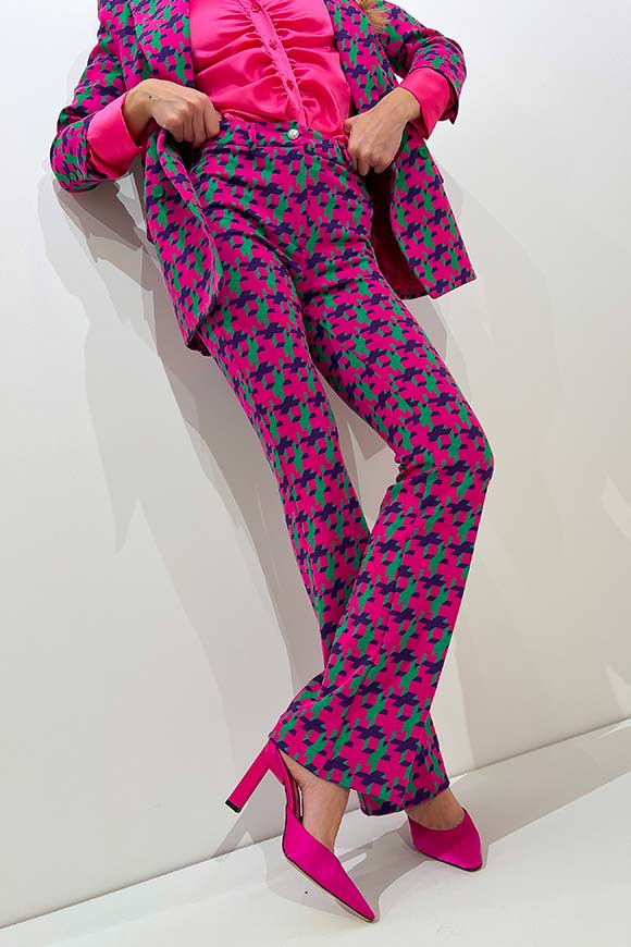 Vicolo - Pink, green and purple geometric patterned trousers with silver button