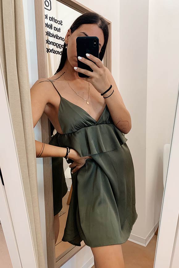 Vicolo - Olive satin dress with ruffles under the breast