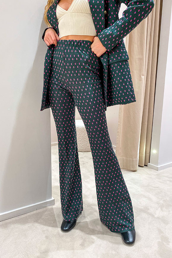Vicolo - Bottle green and fuchsia trousers in geometric pattern
