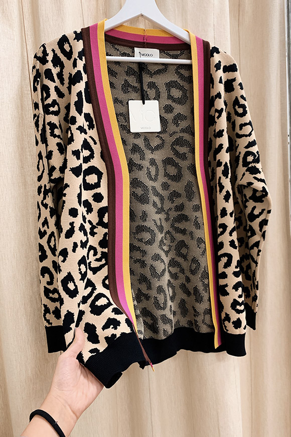 Vicolo - Cardigan leopard beige e nero con bande colorate