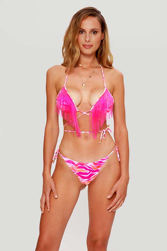 4Giveness - Bikini top a triangolo striato rosa, bianco con frange