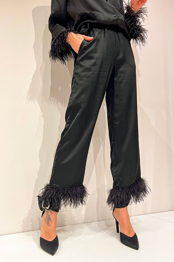 Vicolo - Black pajama-style trousers with feathers on the bottom
