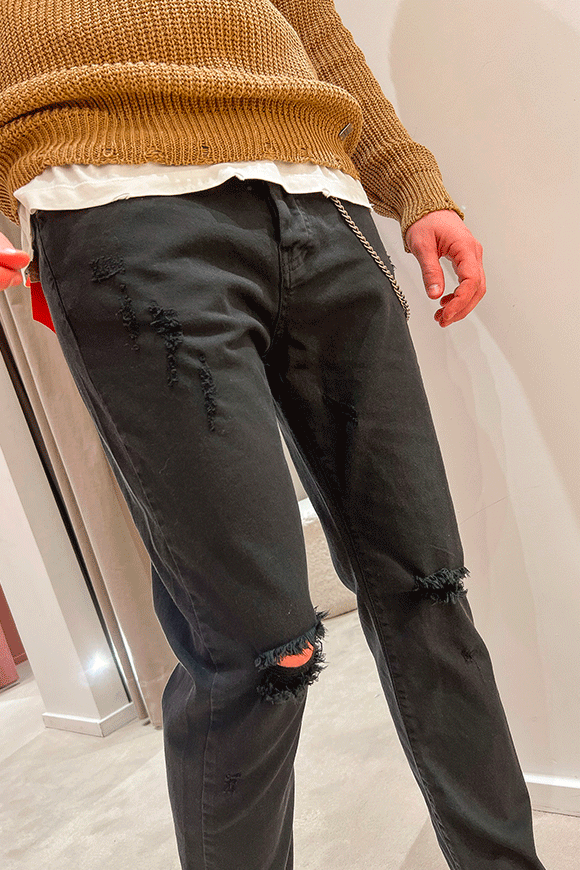 Block Eleven - Jeans nero con rotture e catena