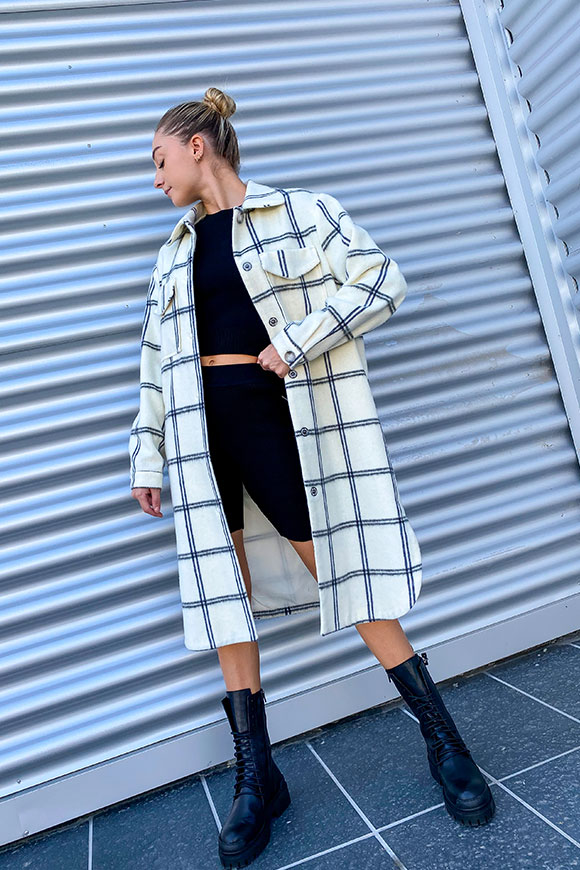 Kontatto - Long cream and blue checked coat