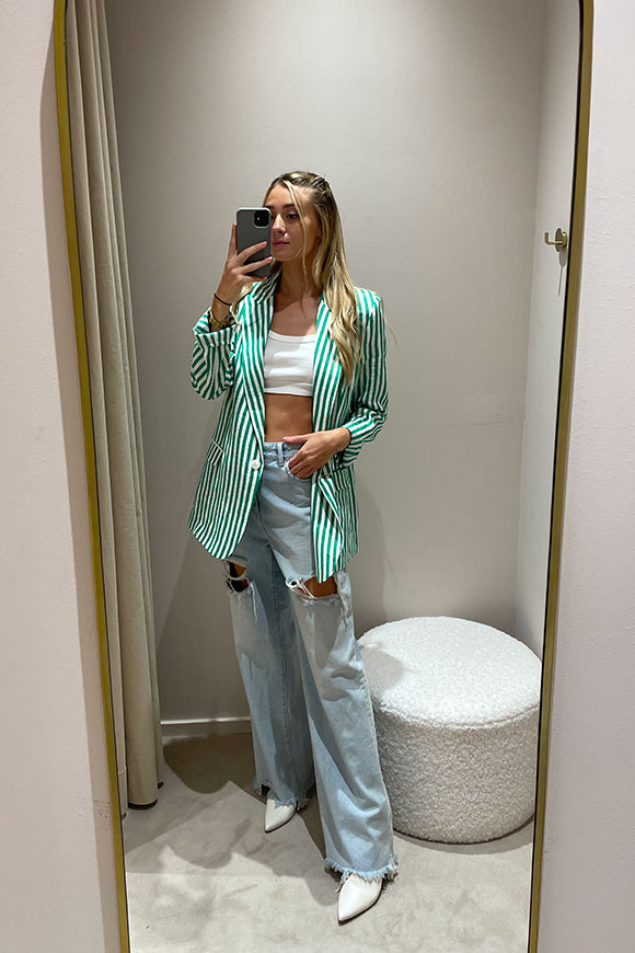 Vicolo - Single-breasted green and white striped linen jacket