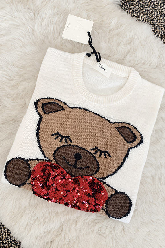Vicolo - White bear sweater with red sequins