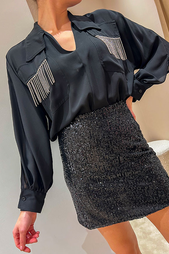 Dixie - Transparent black blouse with rhinestone fringes on the pockets