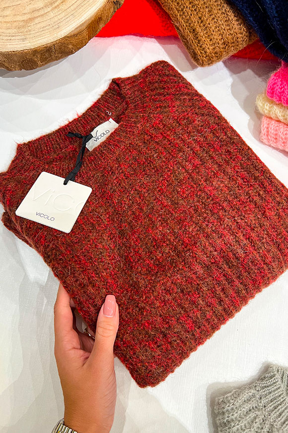 Vicolo - Chocolate / red mélange English knit sweater in mohair blend