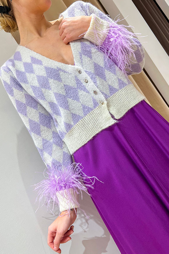 Tensione In - Lilac, cream cardigan with jewel buttons and feathers on the sleeve