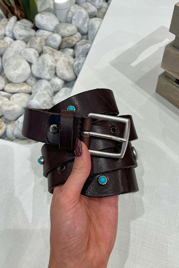 Block Eleven - Cintura in pelle moro con borchie e fibbia argentata