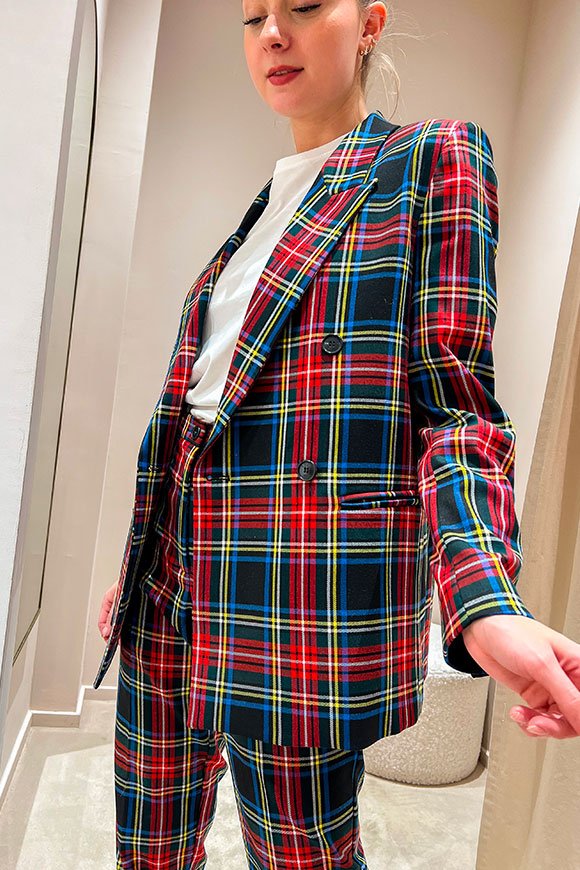 Vicolo - Red, black, green double-breasted tartan jacket