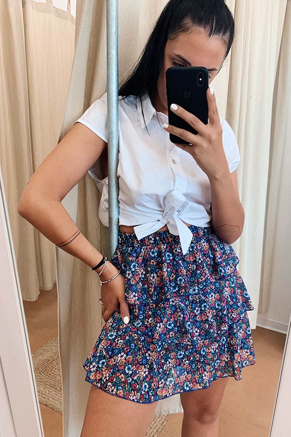 Vicolo - Blue floral skirt with flounces
