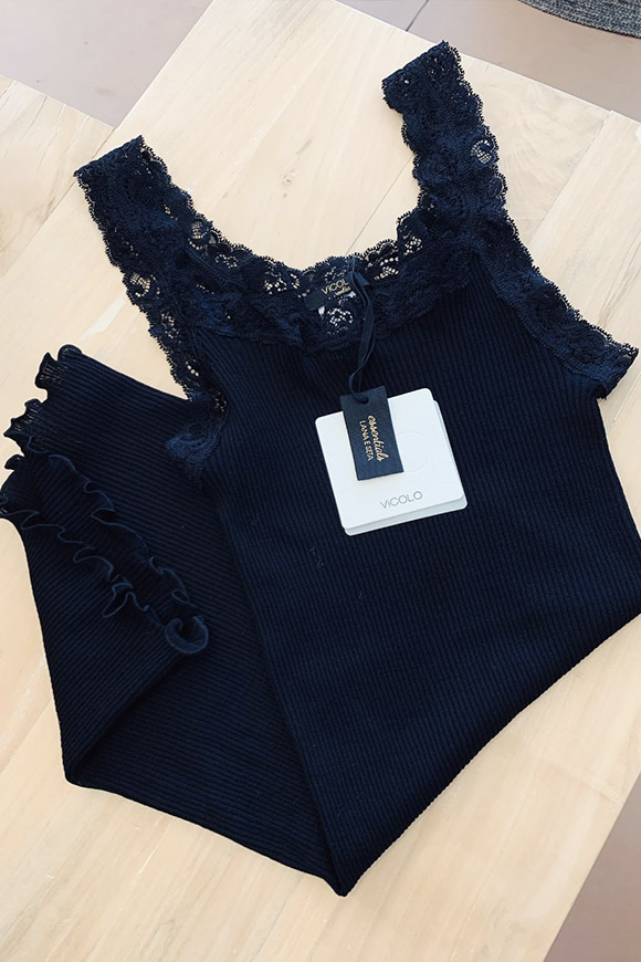Vicolo - Black wool and silk tank top with lace