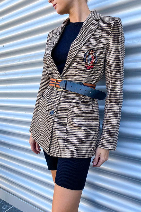 Vicolo - Brown and black houndstooth jacket with patch and belt detail