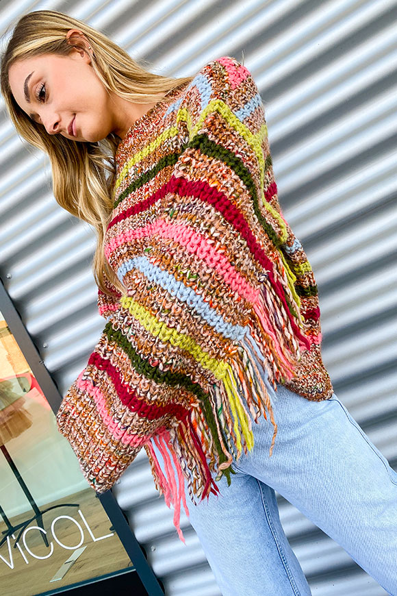 Kontatto - Multicolor striped sweater with fringes on the sleeve