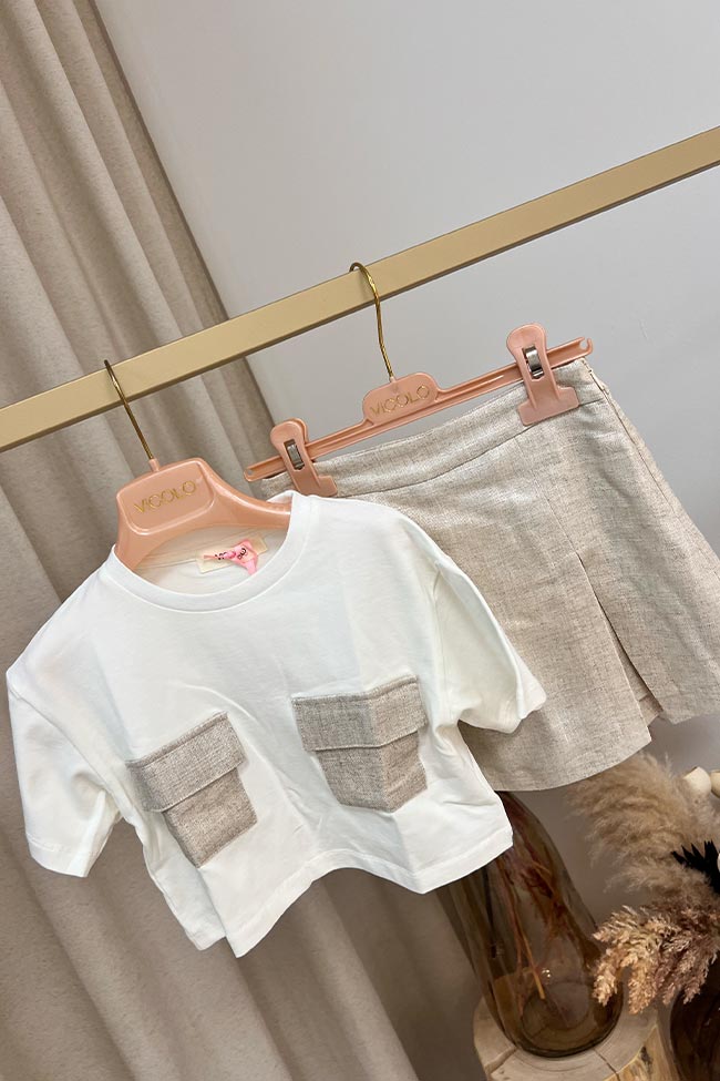 Vicolo Bambina - T shirt bianca con tasche in lino