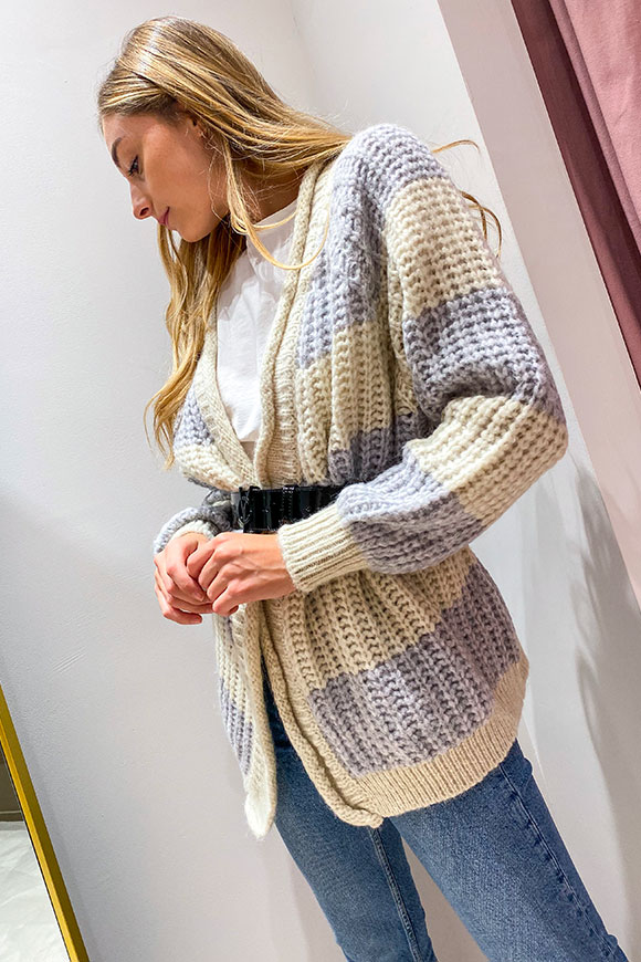 Vicolo - Lilac and stone cardigan with openwork stripes