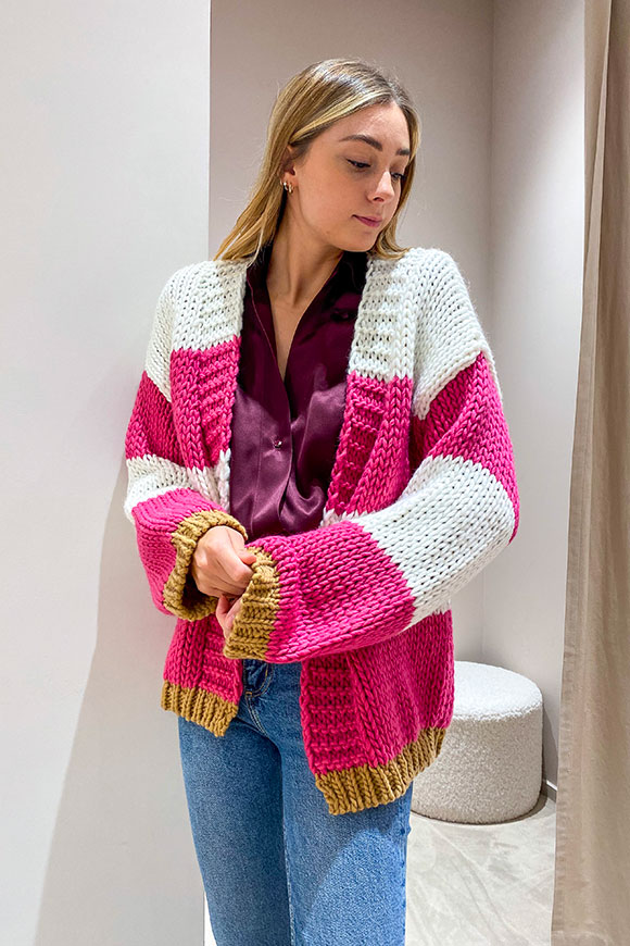 Vicolo - Cardigan rosa, bianco e cammello a righe in misto lana