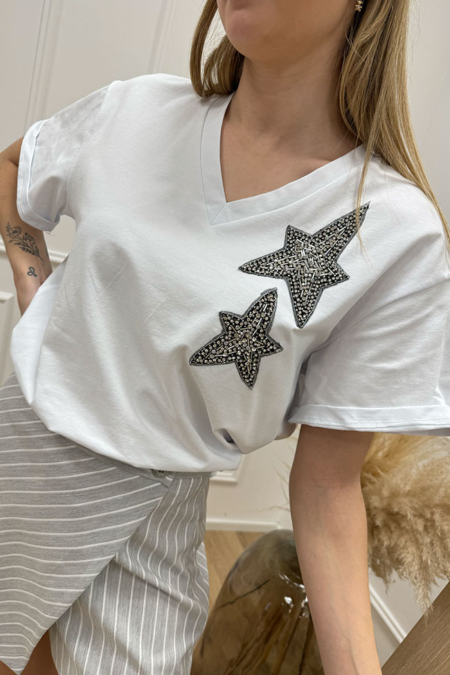 Dixie - T shirt bianca con patch stelle strass