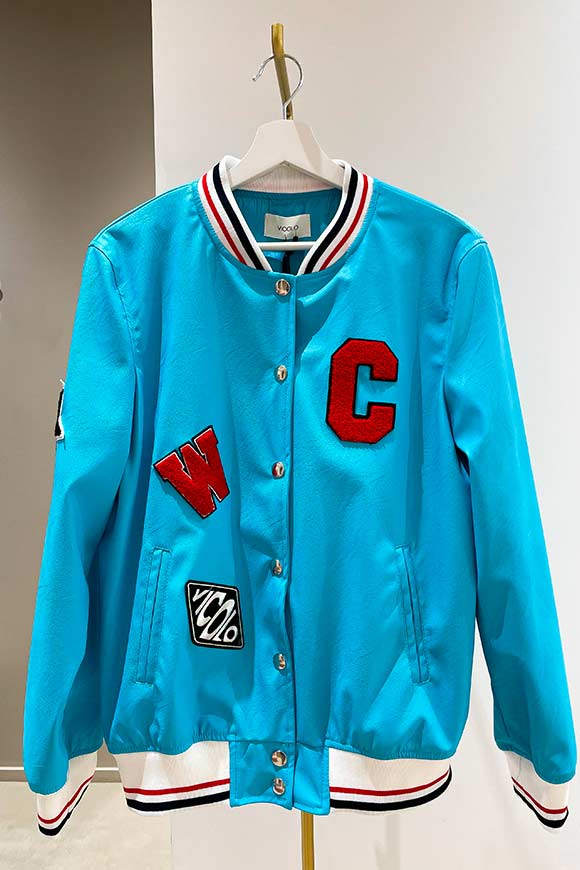 Vicolo - Light blue faux leather bomber jacket with patch