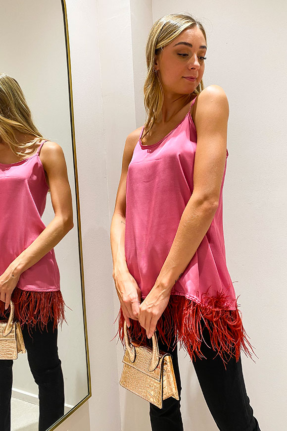 Tensione In - Mauve viscose tank top with feathers on the bottom