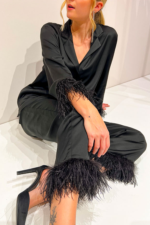 Vicolo - Black pajama-style trousers with feathers on the bottom