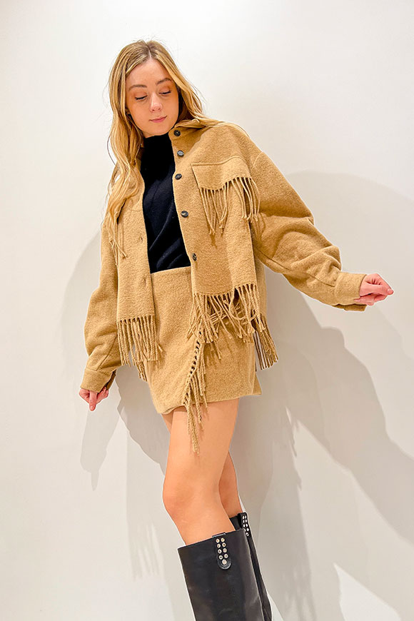 Vicolo - Camel jacket with fringes in wool blend