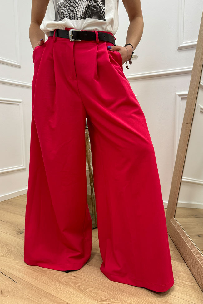 Haveone - Pantaloni rossi gamba larga con pinces e cintura