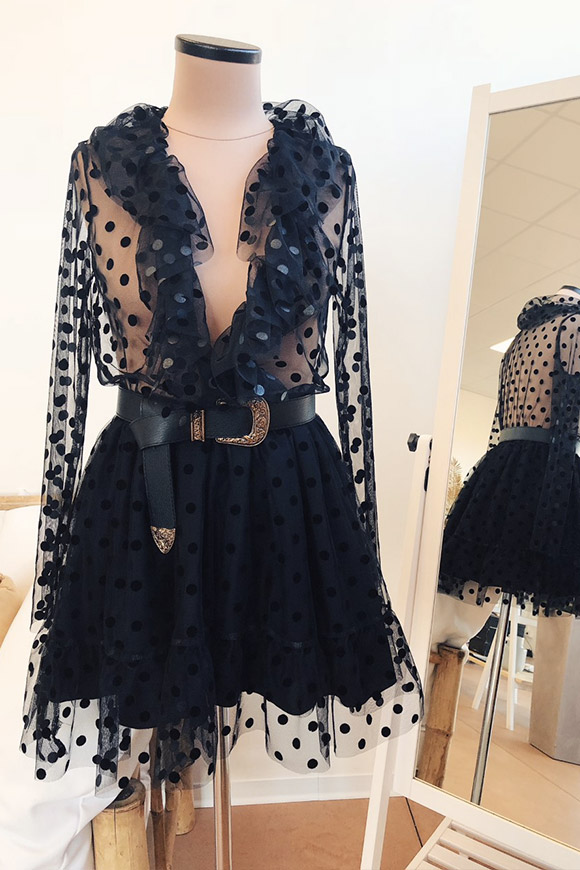 Vicolo - Black dress with flounces and polka dots