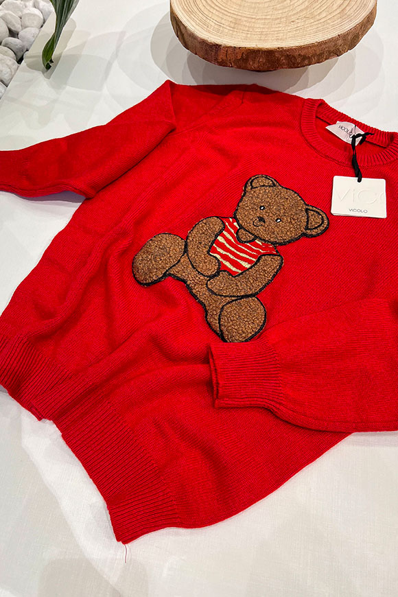 Vicolo - Maglione rosso con orsetto teddy bouclé
