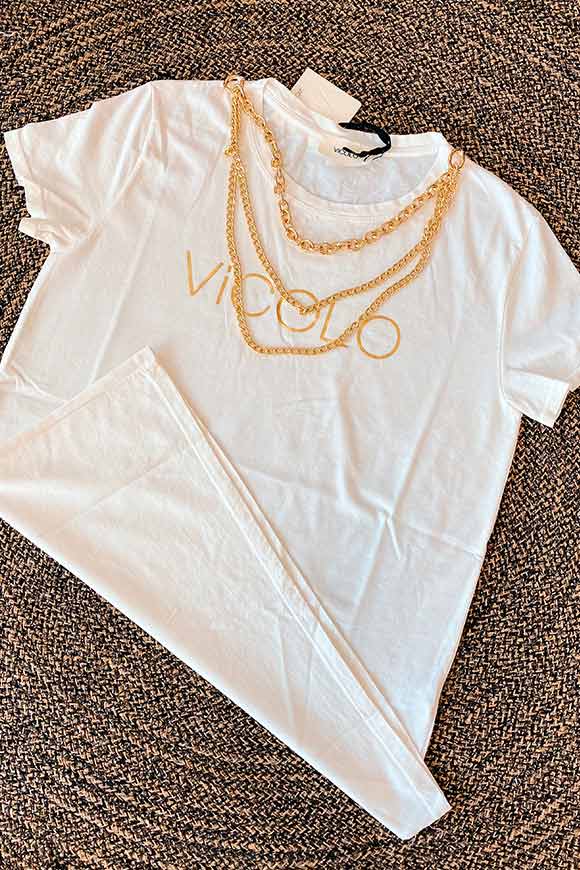 Vicolo - T shirt bianca stampa logo oro e catena