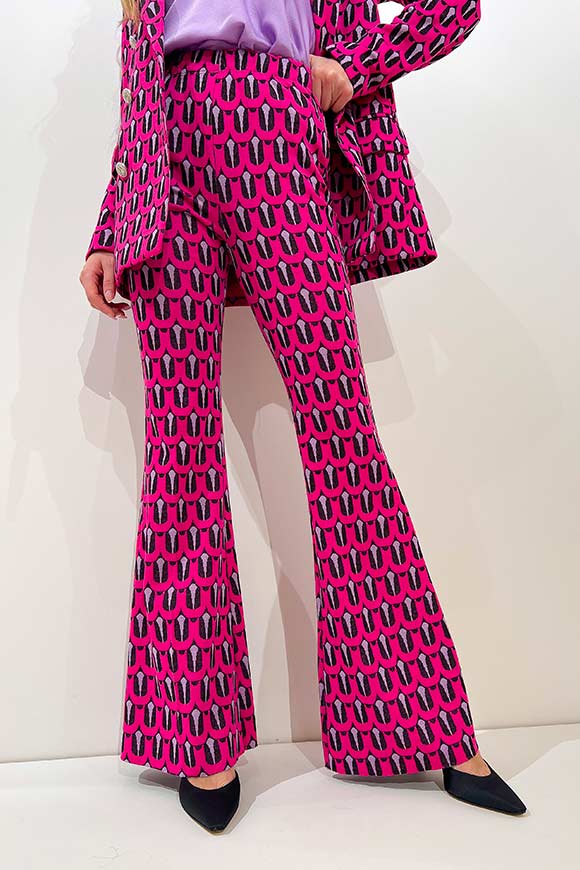 Vicolo - Pantaloni fantasia geometrica nero, lilla, e rosa