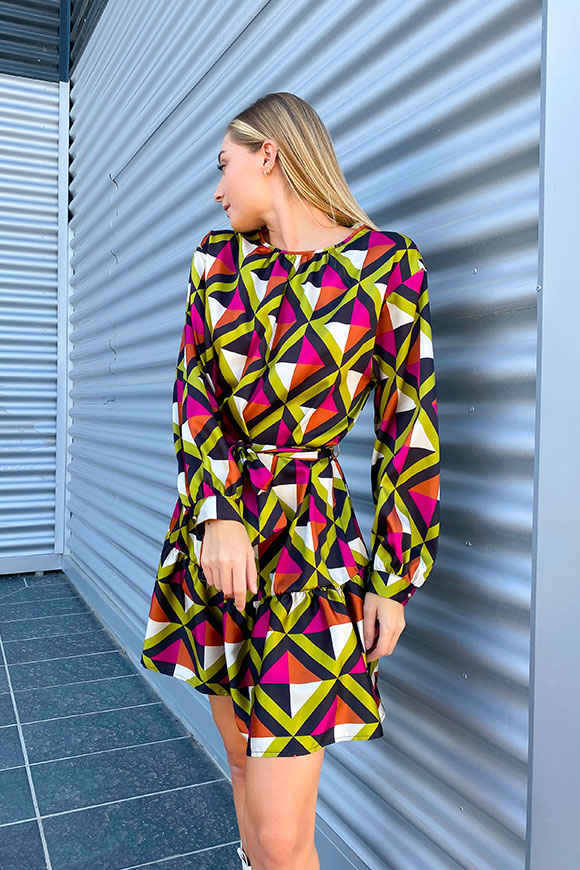 Vicolo - Rust, olive, magenta geometric pattern dress