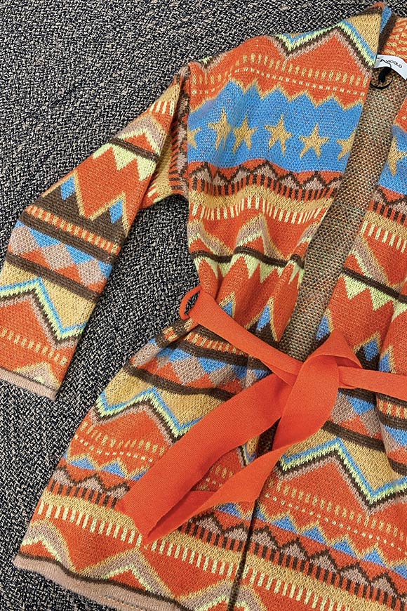 Vicolo - Long cardigan with orange, yellow, beige and light blue geometries