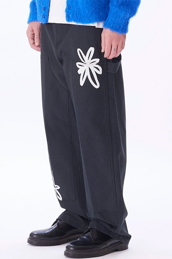 Obey - Pantalone nero in twill con stampe fiori