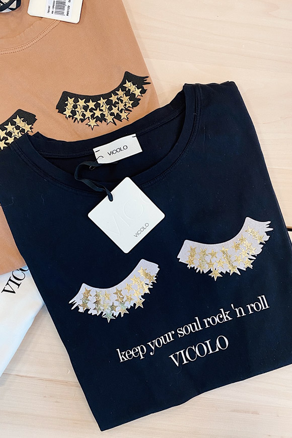 Vicolo - Black t shirt with eyelashes and stars