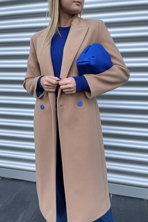 Haveone - Cappotto lungo cammello con bottoni blu